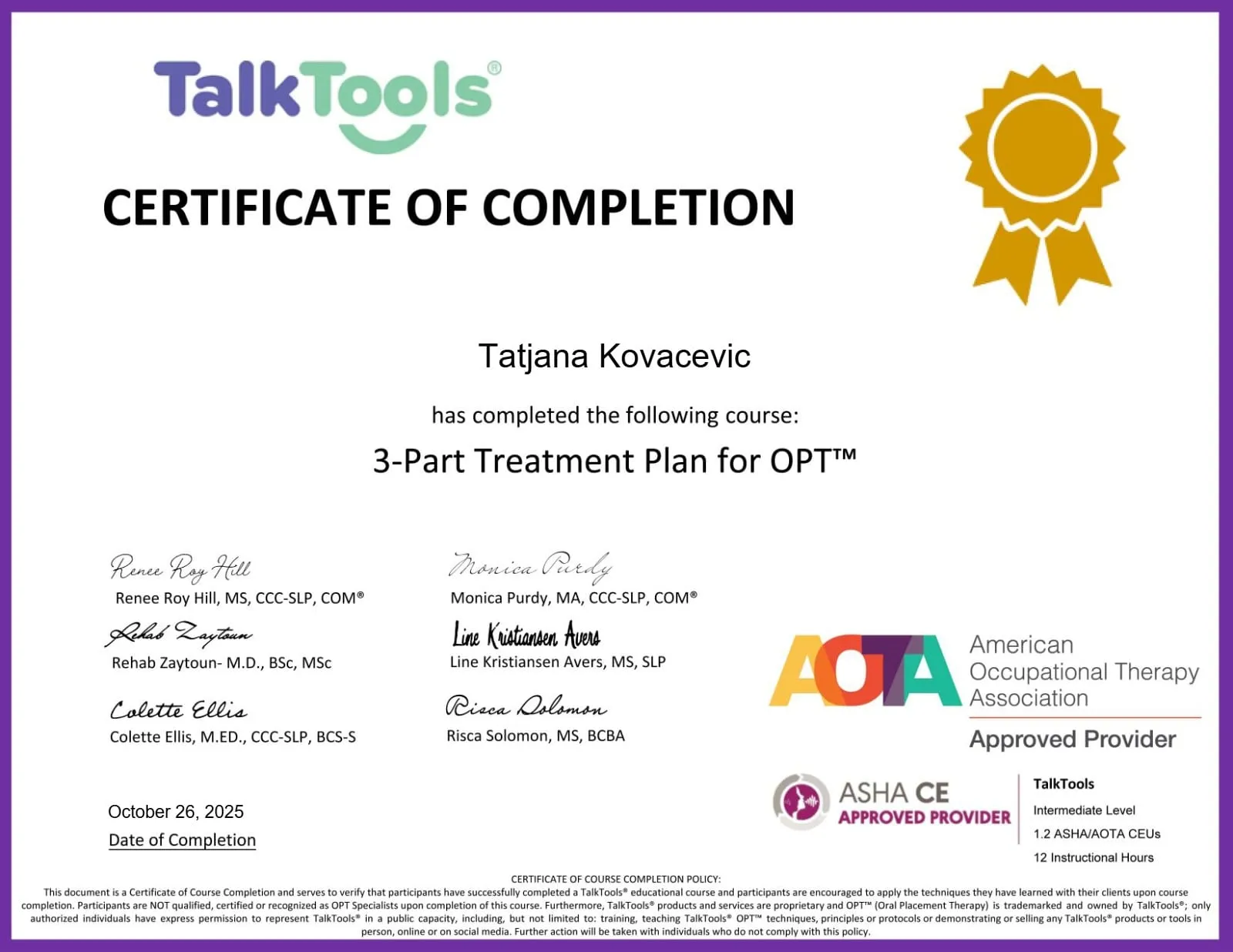 Sertifikat: 3-Part Treatment Plan for OPT™ (Oral Placement Therapy)